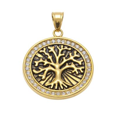 China Hip Hop Hip Hop Accessories Stainless Steel Color Rap Pendant Tree Of Life Gold Plated Diamond Necklace Set for sale