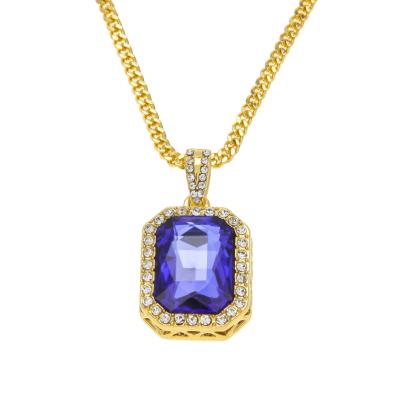 China Hip Hop Jewelry Fine Zircon Square Gem Pendant Necklace Set Wholesale for sale