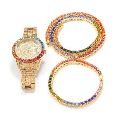 China Hiphop Alloy Colored Rhinestone Watchband Three-Piece Necklace Hippie Soft Watch for sale