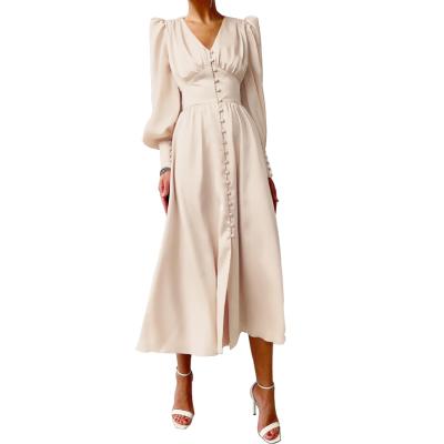 China 10 Color Anti-Static Size XS-XL Fashion Women's Satin Long Sleeve Simple V-Neckline Loose Maxi Dresses Casual Twist Front Tie Long Dresses for sale