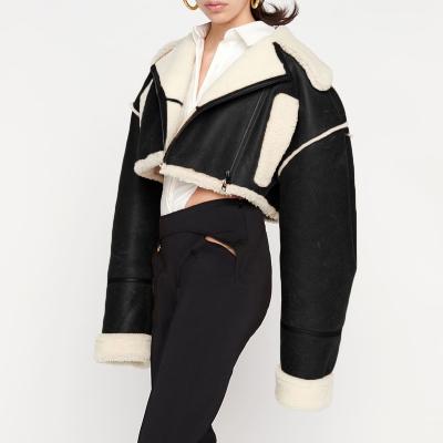 China Breathable In 4 Color Women Winter Warm Faux Leather Short Stand Collar Fleece Sherpa Coated Oversized Thicker Outerwear for sale