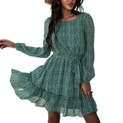 China Anti-Static Women's Dress Women's Waist Tie Floral Print Long Sleeve Crewneck Ruffle Edge Fishtail Short Mini Dresses for sale