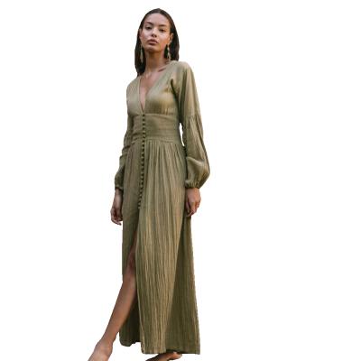 China Vintage Waist Wrap Dress Anti-Static Women Anti-Static Long Sleeve Solid V-Neckline Split Maxi Dresses for sale