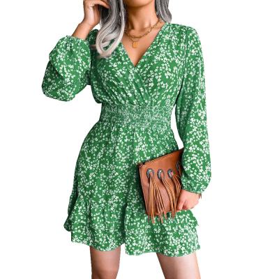 China Anti-Static Women's Spring Summer V-Neck Ruffle Sheath Long A Line Floral Print Mini Dress Size S-XL for sale