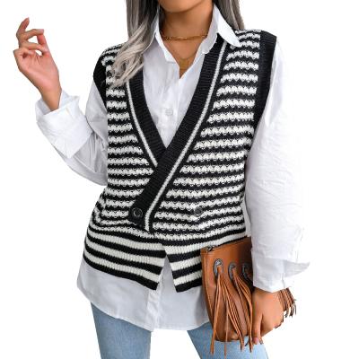 China Anti-Wrinkle Oversized Houndstooth Knitted Vest Sweater Vintage V-Neckline Loose Sleeveless Sweater for sale