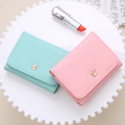 China Waterproof Lady Wallet Women Crown Decorated PU Leather Money Clips Small Fold Coin Purse Female Card Holder for sale