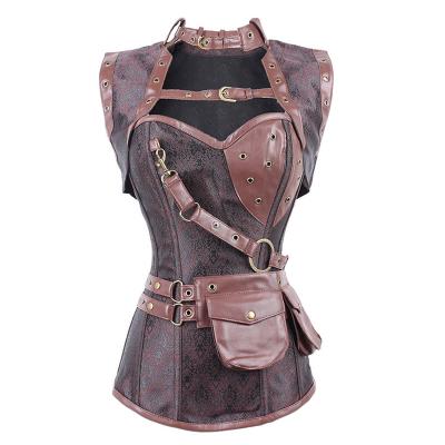 China Women's Steel Boned Diet Corset Steampunk Overbust Jacquard Breathable Gothic Bustiers Brocade Corsets With Jacket And Belt for sale