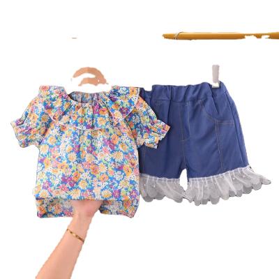 China Lovely Clothing Children Clothing New Summer Products Lapel Girls Short Sleeve Floral Printed T-shirt + Denim Shorts Children's Clothes for sale