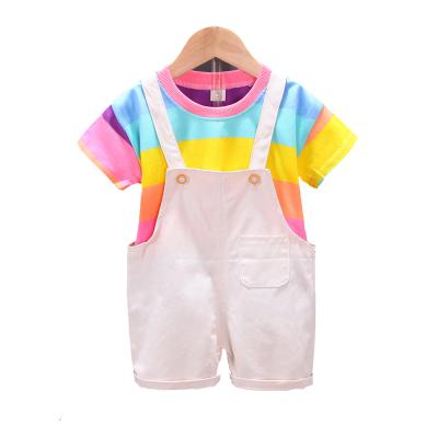 China Lovely Girls Anti-Shrink Clothes Two Pieces Rainbow Soft Printing T-Shirt &Suspender Pants for sale