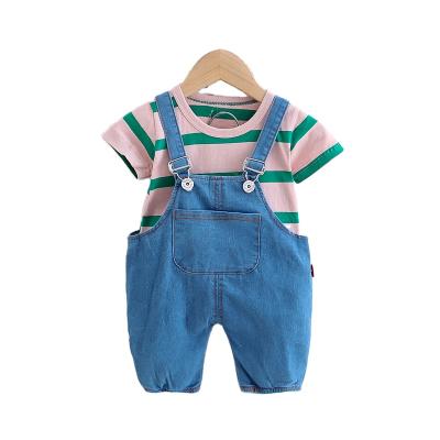 China Hot Sale Anti-Shrink Black Girls T-shirt and Jean Overalls 2pcs Kids Clothes Sets Boys Pants for sale