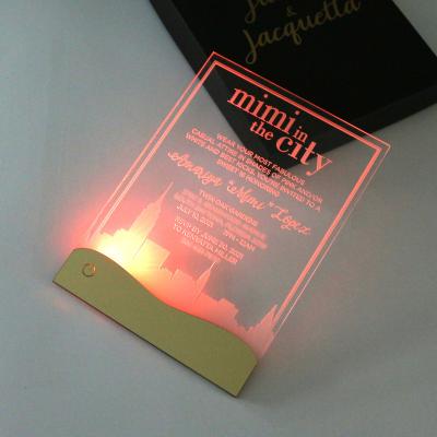 China Customized Popular Text Menu Card LED Personality Wedding Invitation Electronic Luminous Transparent Acrylic Card for sale