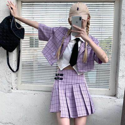 China Viable Women's Plaid 2 Piece Sets 2021 Summer Fashion Purple Streetwear Shorts Sleeve Suit Top + Irregular Pleated Mini Skirt Female for sale