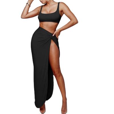 China Fashion Long Skirt Solid Color 2-Piece Slit Summer Mid Length Suit New Viable Female Tube Top Sling For Women Lady Skirts Suits for sale