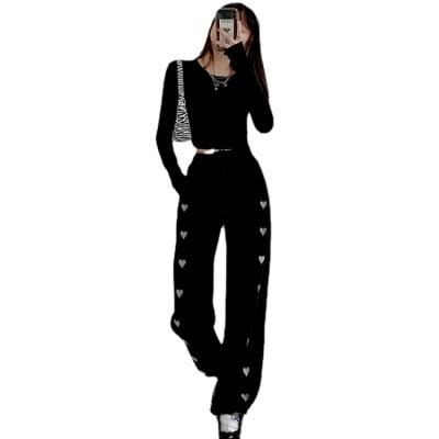 China 2021 Viable New Love Embroidered Sweatpants Womens High Waist Loose Straight Wide Leg Pants Womens Drawstring Harajuku Sweatpants for sale