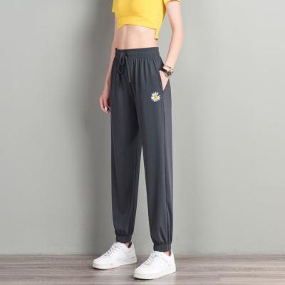 China Comfort Viable Soft Ice Silk Women's Harajuku Black Pants 2021 Summer Fashion High Waist Sweatpants Loose Casual Women's Sports Trousers for sale