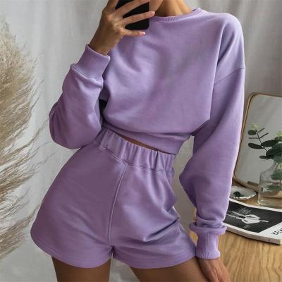 China Viable Tracksuit Women 2 Piece Sets With Shorts Khaki Sweatshirt Women Long Sleeve Suit 2021 Summer Spring Casual Ladies Shorts Suit for sale