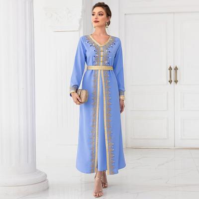 China Polyester Daffah Islamic Clothing/Dubai Lace Long Sleeve Abaya Cotton Abaya Ramadan Long Sleeve V-Neckline Luxury Muslim Formal Dress for sale