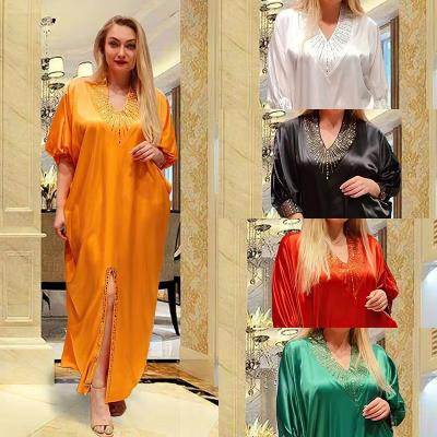 China 2023 Chiffon and Polyester Solid Color Solid Color Rhinestone Women Elegant Casual Dresses Abaya Kaftan Style Muslim Loose Long Dress 2023 for sale