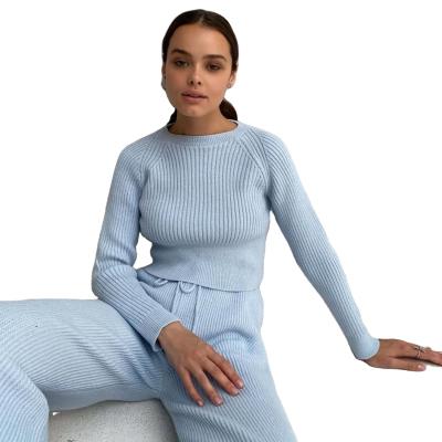 China New Arrival 2021 Breathable Knit Solid Color Crewneck Long Sleeve Wide Leg Pant Suit Women Ladies Sweater for sale