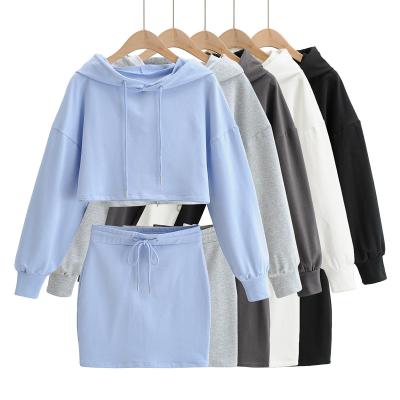 China Anti-wrinkle Female Crop Hoodies And Shot Skirt Set Long Sleeve Hoodie Dress Set Women for sale