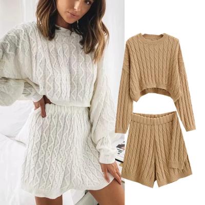 China Fashionable Casual Sweater Neck Breathable Spring New O Set Women Cotton Two Piece Knit Shorts And Sweater Set for sale