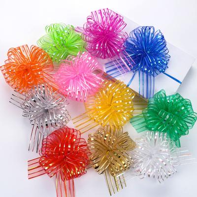 China Popular 2022 design organza flower bow pom pom pull bow pull string ribbon bow for Christmas decoration for sale