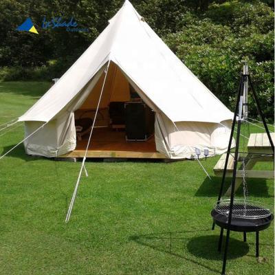 China Straight Tying Type Glamping 4m Canvas Bell Tent With Sewn Ground Leaf Tent Luxury Outdoor Camping 4 Person Family Tent for sale