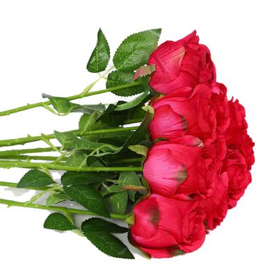 China Red Silk Flowers Wedding Home Rose Bud Single Stem Artificial Rose Wedding Decoration Cheap Flower Decoration for sale