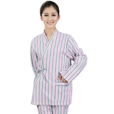 China Hospital Customized Button Down Striped Lightweight Cotton Patient Fabric Set With Pocket for sale