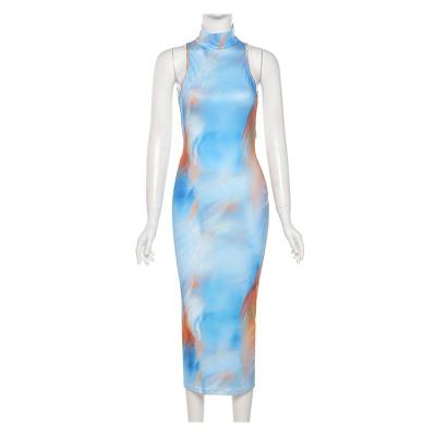 China Breathable Tie Dye Fashion Summer Dresses Woman Sleeveless Party Wear Trendy Blue Backless Dress for sale