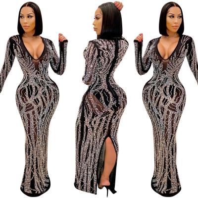 China Wholesale S-2XL V-neck Rhinestone Women's Casual Party Dresses 2021 Breathable Maxi Mesh Dress Long Sleeve for sale