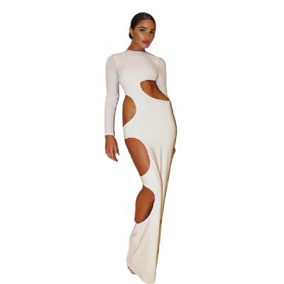 China Maxi Dresses Women Elegant Classy Cavity Solid Sheath Breathable Long Sleeve O-Neck Slim Body-training Dress for sale