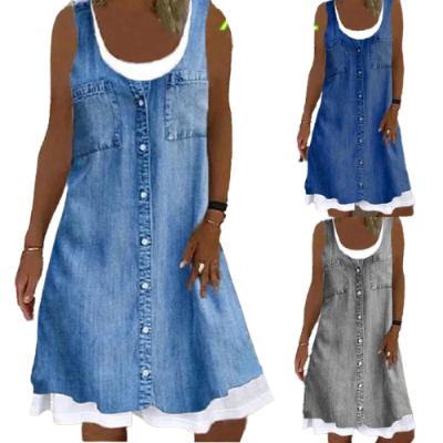 China 2021 Summer New Fashion Washable Women's Denim Printed Faux Sleeveless Casual Two Piece Loose Plus Size Soft Comfy Dress for sale