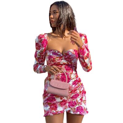 China 2021 Breathable New Arrives Women's Square Casual Fashion Summer Fashion Design Fancy Bubble Sleeve Collar Floral Dresses for sale