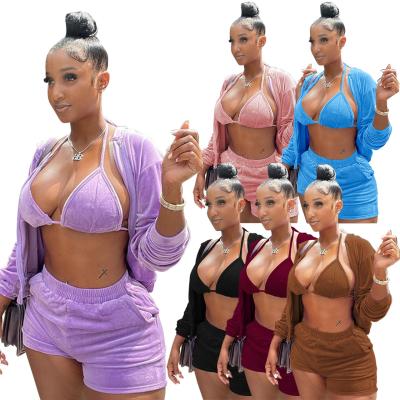 China Breathable S-2XL Plus Size Fitness Bra And Jogging Jacket Set For Women Autumn Winter Gym Velvet 3 Piece Sets for sale