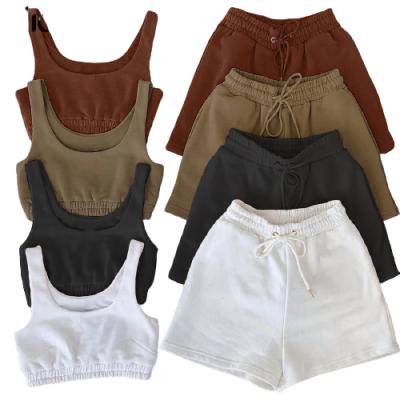 China Two Piece Women Breathable Casual Solid Sportswear Sets Crop Top And Drawstring Shorts Matching Summer Athleisure Set Outfits for sale