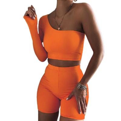 China Breathable Solid Asymmetric Crop Tops+Elastic Two Piece Sets Women Tracksuit Bike Shorts Sporty Matching Casual Female Suits Outfit for sale