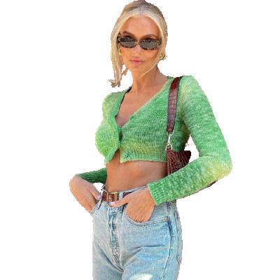 China Breathable Casual Long Sleeve V-Neck Street Style Cardigans Straight Neckline Female Knitted Cotton Crop Tops For Women for sale