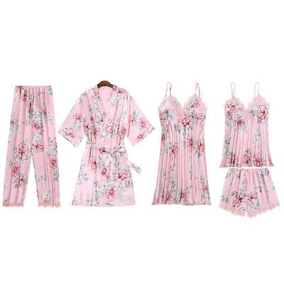 China High quality QUICK DRY Custom logo five-piece floral print wholesale price silk long robe set homewear for sale