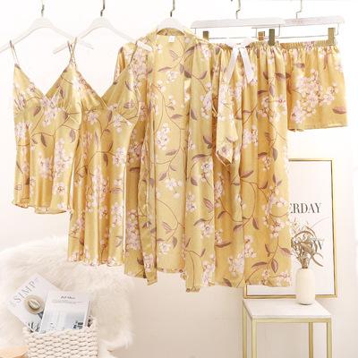 China New Japanese-style five-piece QUICK-DRY pajamas with chest pad fashion printed loose long home wear women's floral sleepwear for sale