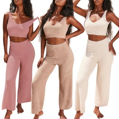 China Breathable Fluffy Knit Set Outfits Women Two Piece Solid Sweater Knitted Two Piece Tank Top Wide Leg Pants Casual Women's 2 Piece Outfit for sale