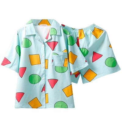 China M-3XL Summer Short Sleeve Breathable Korean Cardigan Plus Size Women's Cute Loose Geometric Print Cotton Pajamas Sleepwear for sale