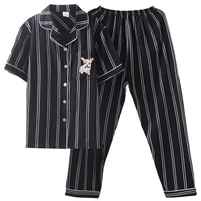 China Breathable Cartoon Korean Short Striped Pajamas Summer Couples Two Piece Set Lounge Wear Plus Size Sleepwear for sale