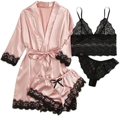 China XS-2XL Women's Sleepwear 4pcs Lace Trim Breathable Floral Satin Cami Pajama Set With Long Robe for sale