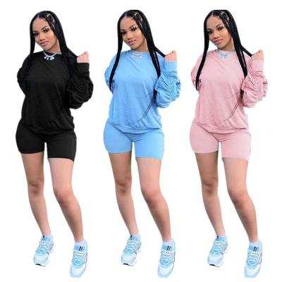 China S-2XL Solid Color Breathable Women Lady Stacked Sleeves Fashion Casual Suit 2pcs Sweatsuit Sport Clothing Sets for sale