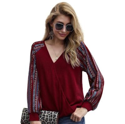 China Latest Ladies Breathable Blouses And Tops Long Sleeve Women Blouse Drape Wrap Front Pleated Blouse for sale