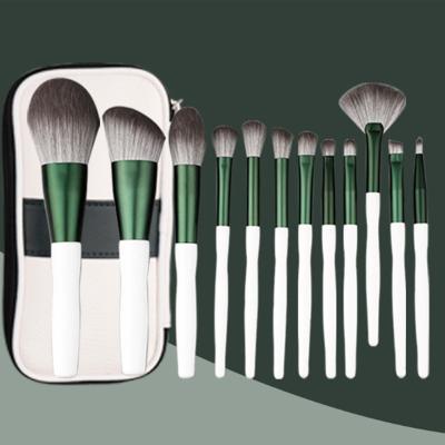 China Angular Blush 13pcs White Green Makeup Brush Set With Zipper PU Bag Professional Make Up Brush Set for sale