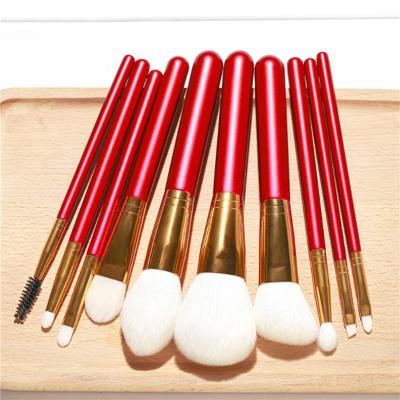 China Angular Blush Handle 10pcs Red Wooden Goat Hair Makeup Brush Set Kakubin Lip Scrub Brush for sale