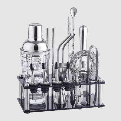 China Factory Direct Viable Glass Cocktail Shaker Set Bar Tools With Kit Acrylic Frame Holder Bartender Barware Stainless Steel for sale