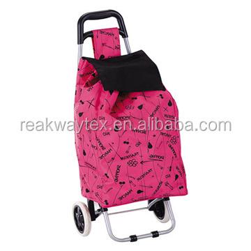 China RW6304F China Trolley Shopping Bag Factory Supply Polyester Trolley Vegetable Cart in Fuchsin Color with Black Printed Pattern for sale